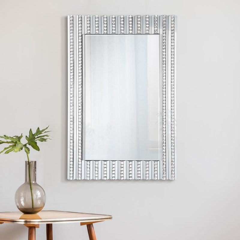 Aideen - Rectangular Wall Mirror With Vertical Stripes Of Faux Crystals - Silver
