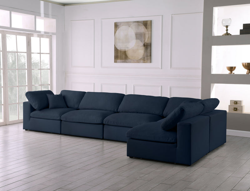 Serene - Linen Textured Fabric Deluxe Comfort Modular Sectional 5 Piece - Navy - Fabric