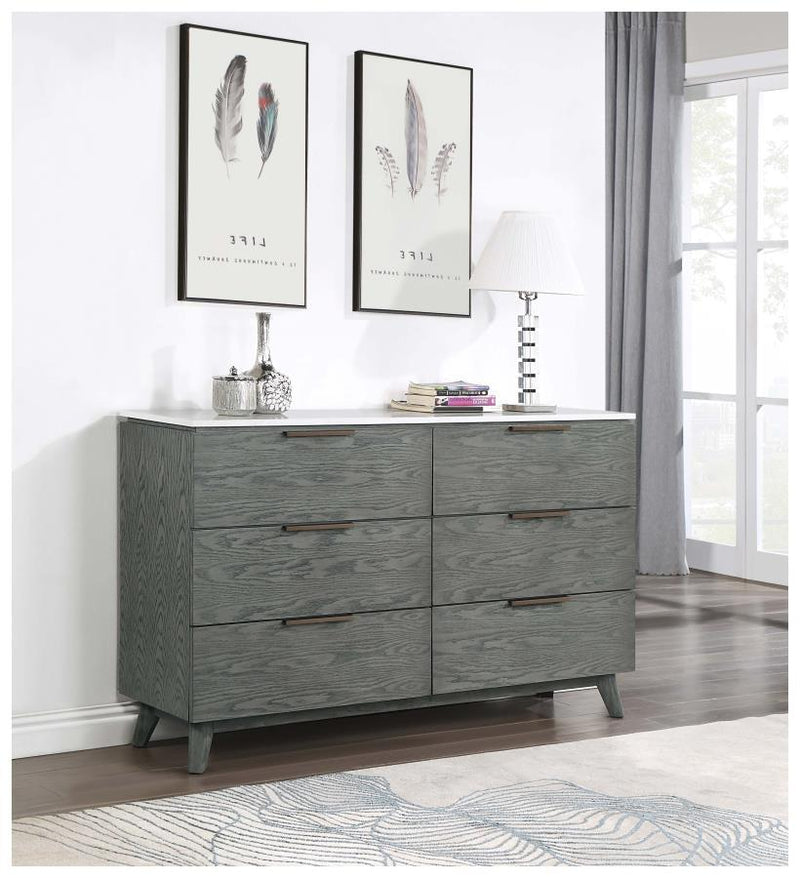 Nathan - 6-Drawer Dresser - White Marble And Gray